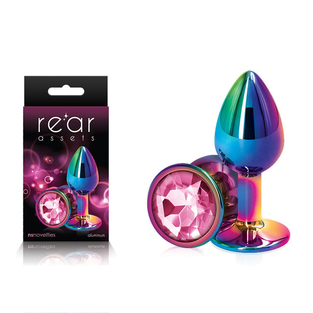 Rear Assets Multi Coloured Small - Multi Coloured Small Metal Butt Plug with Pink Gem Base - Naughty by Nature Adult Store