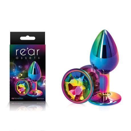 Rear Assets Multi Coloured Small - Multi Coloured Small Metal Butt Plug with Rainbow Gem Base - Naughty by Nature Adult Store