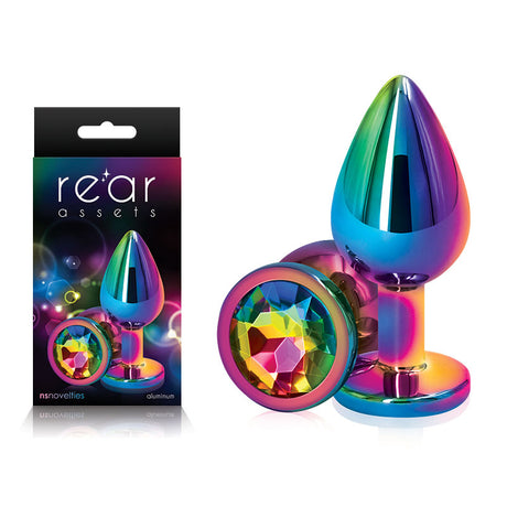 Rear Assets Multi Coloured Medium - Multi Coloured Medium Metal Butt Plug with Rainbow Gem Base - Naughty by Nature Adult Store