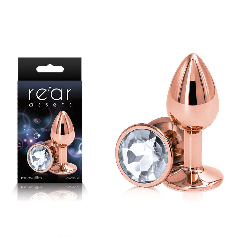 Rear Assets Rose Gold Small - Rose Gold Small Metal Butt Plug with Clear Gem Base - Naughty by Nature Adult Store