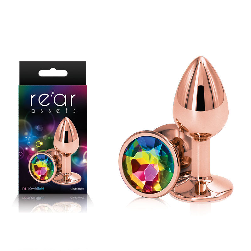 Rear Assets Rose Gold Small - Rose Gold Small Metal Butt Plug with Rainbow Gem Base - Naughty by Nature Adult Store