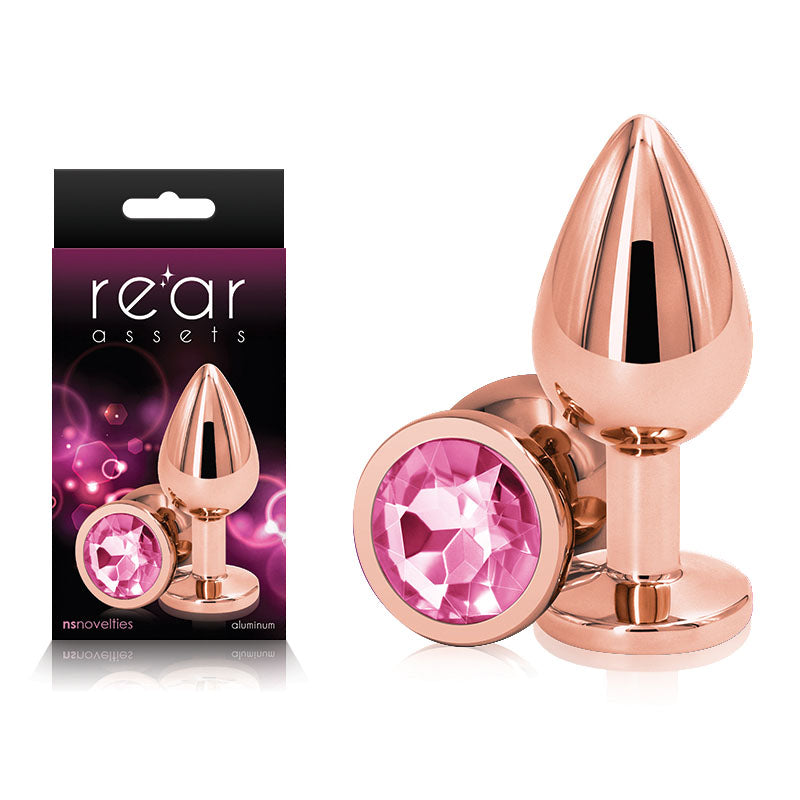 Rear Assets Rose Gold Medium - Rose Gold Medium Metal Butt Plug with Pink Gem Base - Naughty by Nature Adult Store