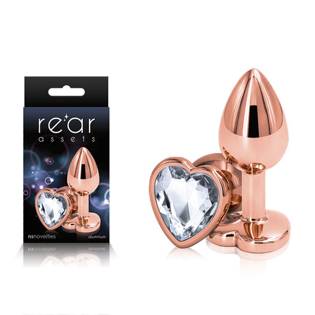 Rear Assets Rose Gold Heart Small - Rose Gold Small Metal Butt Plug with Clear Heart Gem Base - Naughty by Nature Adult Store