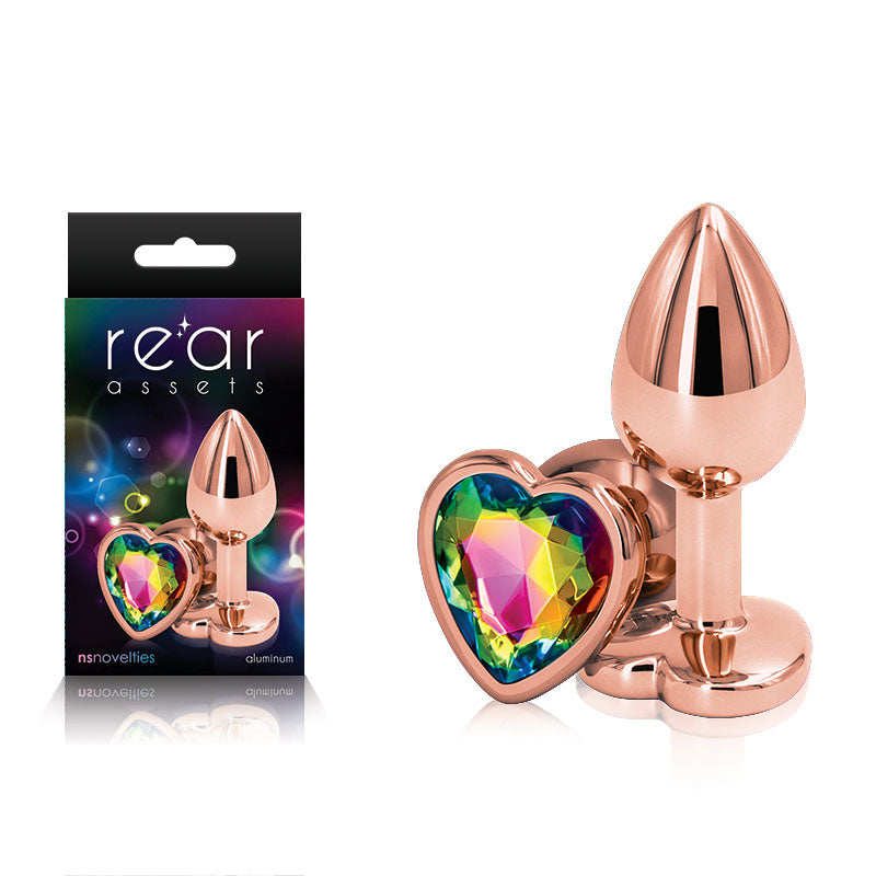 Rear Assets Rose Gold Heart Small - Rose Gold Small Metal Butt Plug with Rainbow Heart Gem Base - Naughty by Nature Adult Store