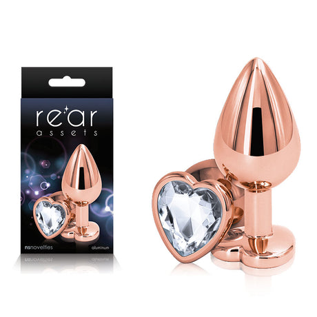 Rear Assets Rose Gold Heart Medium - Rose Gold Medium Metal Butt Plug with Clear Heart Gem Base - Naughty by Nature Adult Store