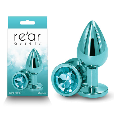 Rear Assets - Medium - Teal - Teal 8.2 cm Medium Metal Butt Plug with Teal Round Gem Base - Naughty by Nature Adult Store