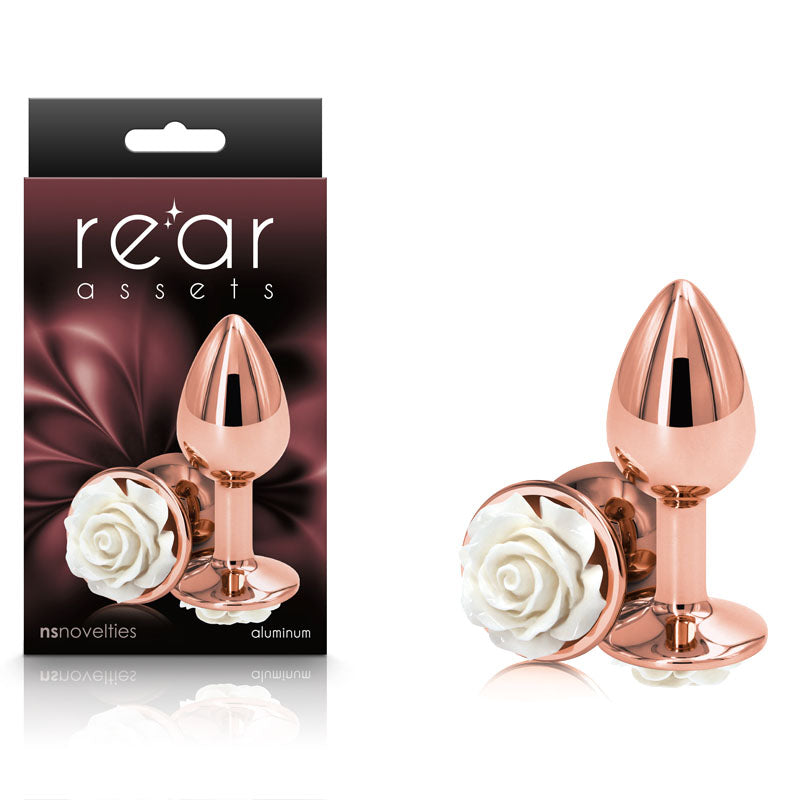 Rear Assets Rose - Small - Rose Gold 7.6 cm Metal Butt Plug with White Rose Base - Naughty by Nature Adult Store