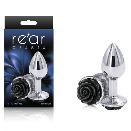 Rear Assets Rose - Small - Chrome 7.6 cm Metal Butt Plug with Black Rose Base - Naughty by Nature Adult Store