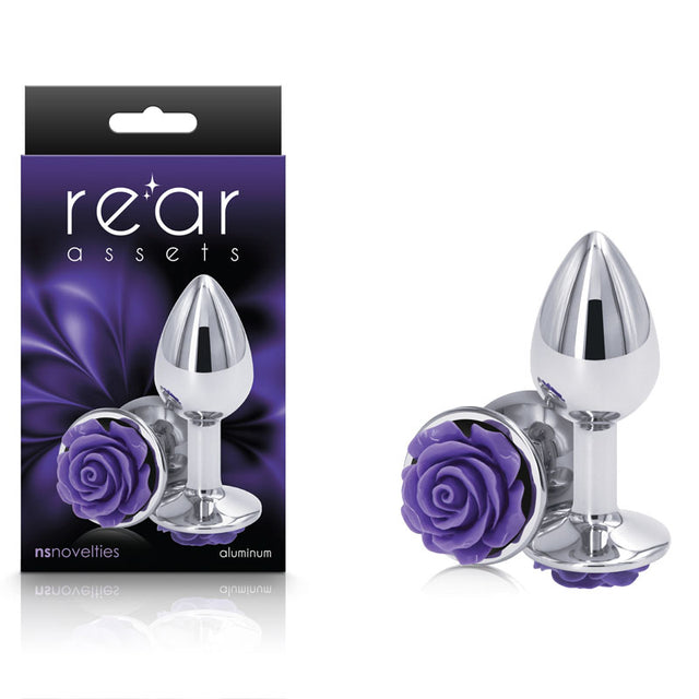 Rear Assets Rose - Small - Chrome 7.6 cm Metal Butt Plug with Purple Rose Base - Naughty by Nature Adult Store