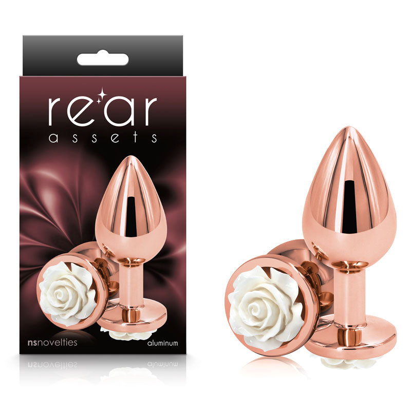 Rear Assets Rose Medium Rose Gold Metal Butt Plug 8.9 cm White Rose Base