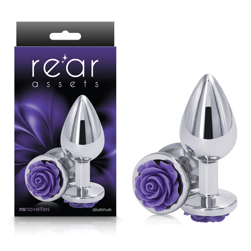 Rear Assets Rose - Medium - Chrome 8.9 cm Metal Butt Plug with Purple Rose Base - Naughty by Nature Adult Store