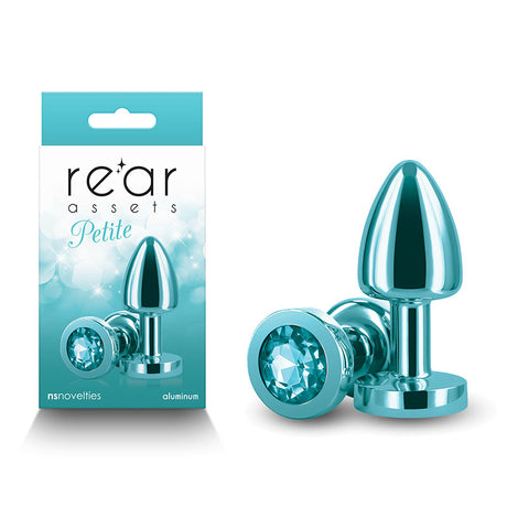 Rear Assets Petite - Teal - Teal 6 cm Metal Butt Plug with Teal Round Gem Base - Naughty by Nature Adult Store