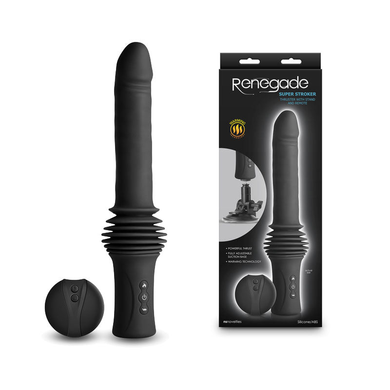 Renegade Super Stroker - Black - Black 36.8 cm USB Rechargeable Thrusting Vibrator with Remote Control & Stand - Naughty by Nature Adult Store