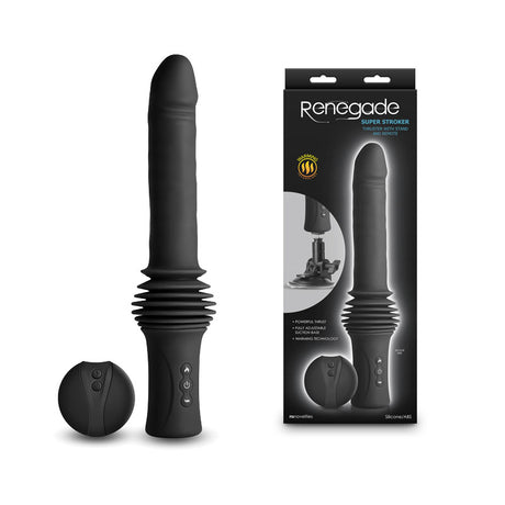 Renegade Super Stroker - Black - Black 36.8 cm USB Rechargeable Thrusting Vibrator with Remote Control & Stand - Naughty by Nature Adult Store