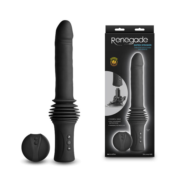 Renegade Super Stroker - Black - Black 36.8 cm USB Rechargeable Thrusting Vibrator with Remote Control & Stand - Naughty by Nature Adult Store