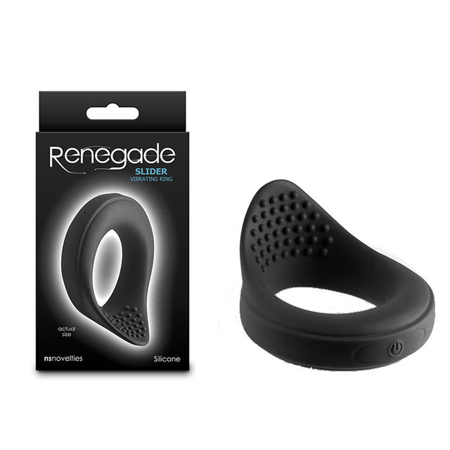 Renegade Slider - Black - Black USB Rechargeable Vibrating Cock Ring - Naughty by Nature Adult Store