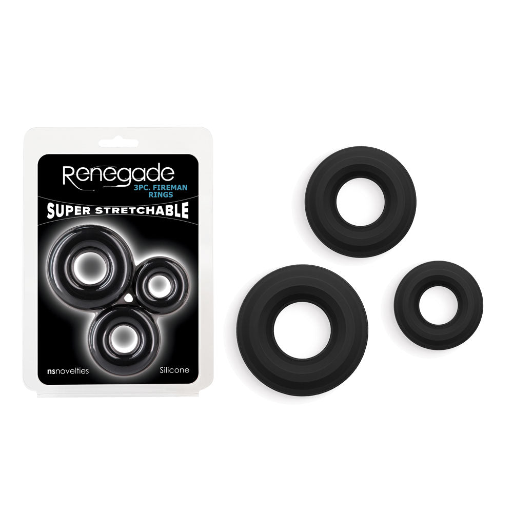 Renegade 3pc Fireman Rings - Black - Black Cock Rings - Set of 3 Sizes - Naughty by Nature Adult Store