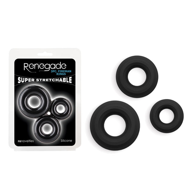 Renegade 3pc Fireman Rings - Black - Black Cock Rings - Set of 3 Sizes - Naughty by Nature Adult Store