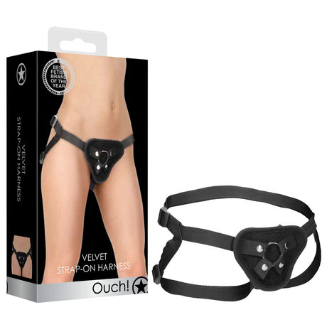 OUCH! Velvet & Velcro Adjustable Harness with O-Ring - Black Strap-On Harness (No Probe Included) - Naughty by Nature Adult Store