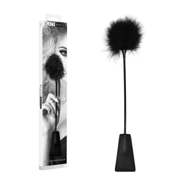 OUCH! Black & White Crop with Feather Tickler - Black 44 cm Feather Crop - Naughty by Nature Adult Store