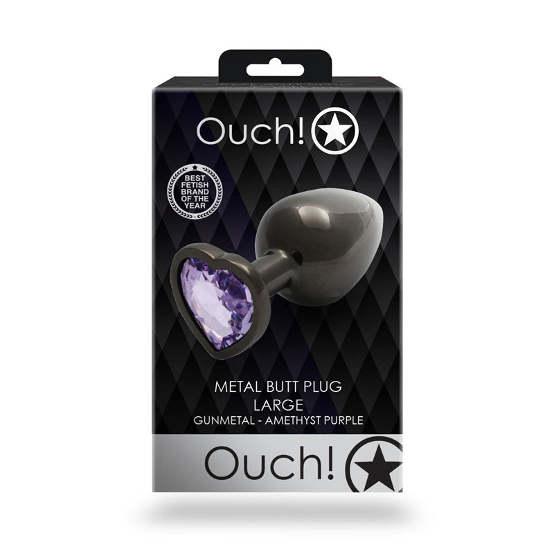 OUCH! Heart Gem Gunmetal Butt Plug - Large - Gunmetal 9.3 cm Large Butt Plug with Heart Gem Base - Naughty by Nature Adult Store