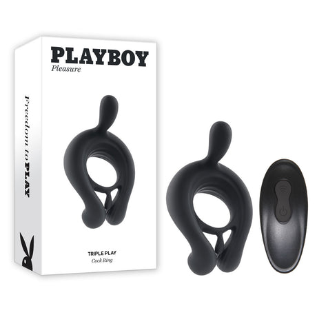 Playboy Pleasure TRIPLE PLAY - Black USB Rechargeable Cock Ring with Wireless Remote - Naughty by Nature Adult Store