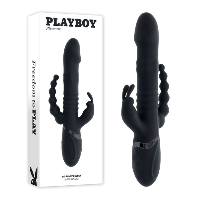 Playboy Pleasure BIG BUNNY ENERGY - Black 26.2 cm USB Rechargeable Rabbit Vibrator with Anal Beads - Naughty by Nature Adult Store