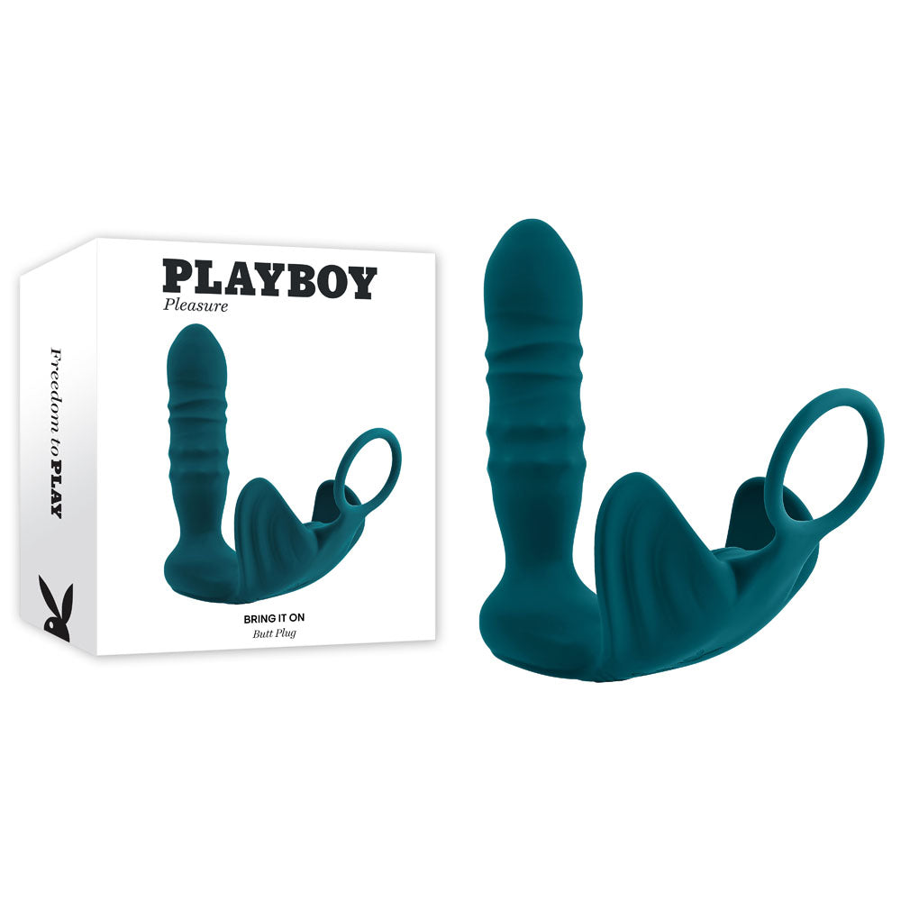 Playboy Pleasure BRING IT ON - Teal USB Rechargeable Thrusting Anal Plug with Cock Ring - Naughty by Nature Adult Store