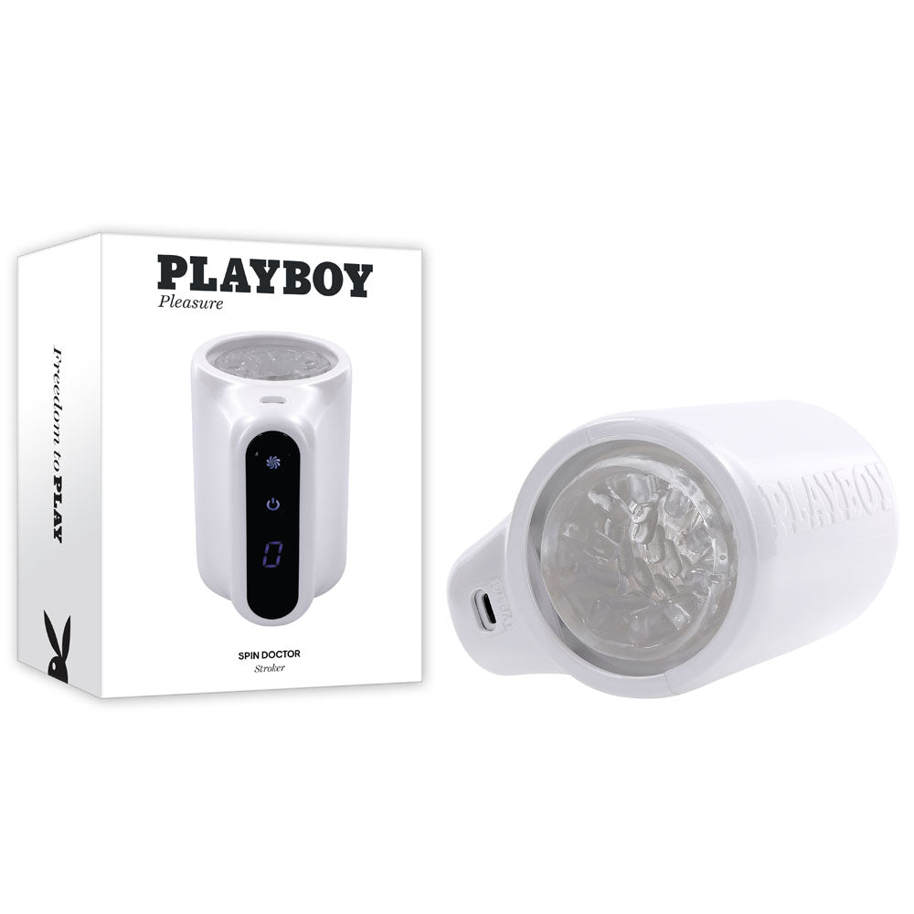 Playboy Pleasure SPIN DOCTOR - White USB Rechargeable Vibrating & Spinning Stroker - Naughty by Nature Adult Store