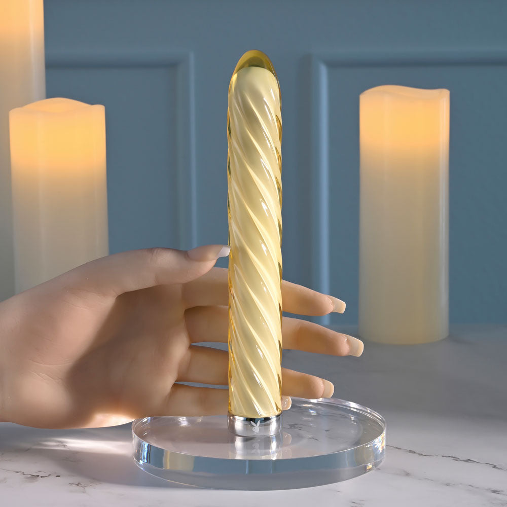 Playboy Pleasure TWIST OF FATE - Yellow Glass Rechargeable Vibrator - Naughty by Nature Adult Store