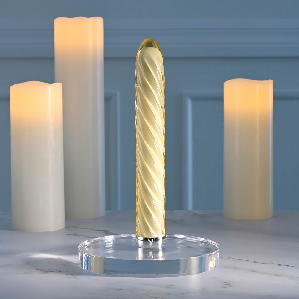 Playboy Pleasure TWIST OF FATE - Yellow Glass Rechargeable Vibrator - Naughty by Nature Adult Store