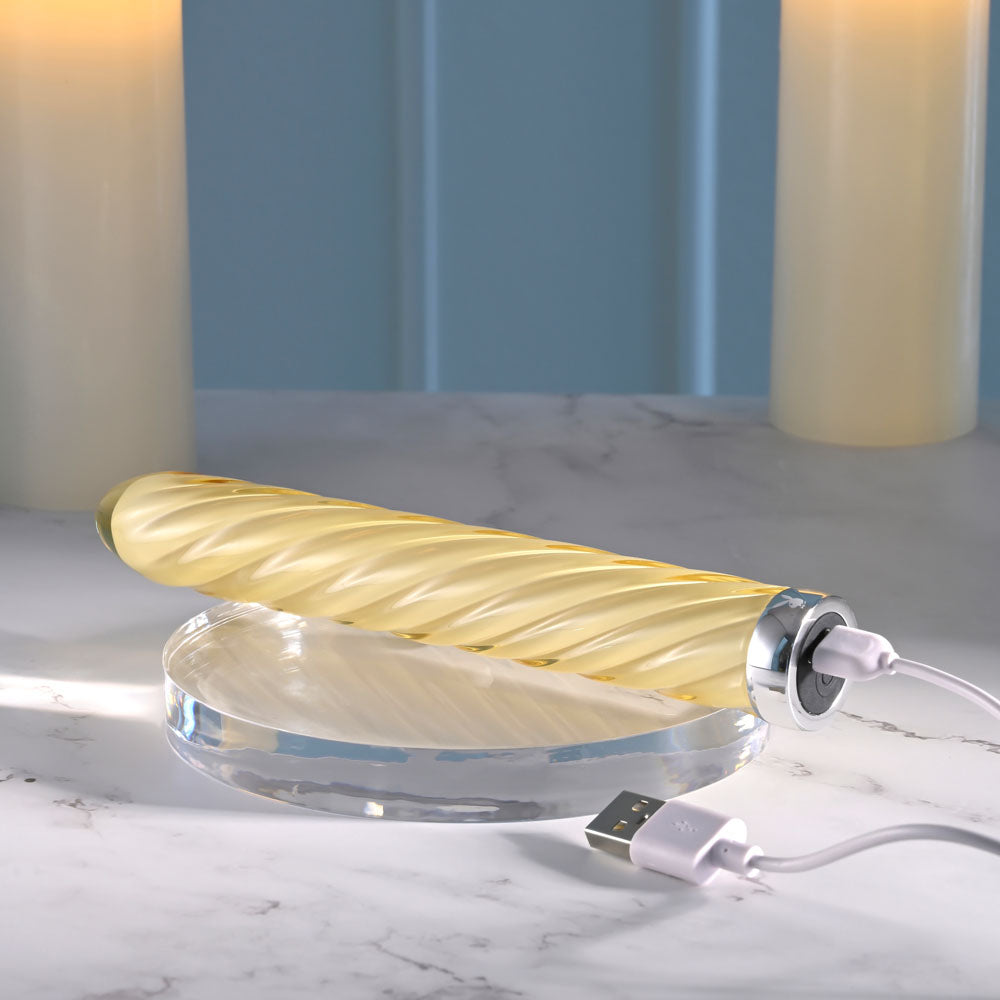 Playboy Pleasure TWIST OF FATE - Yellow Glass Rechargeable Vibrator - Naughty by Nature Adult Store