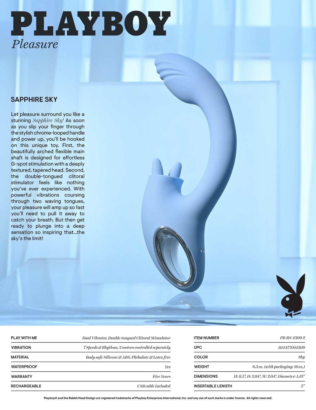Playboy Pleasure SAPPHIRE SKY Vibrator with Double Tongue Stimulator
