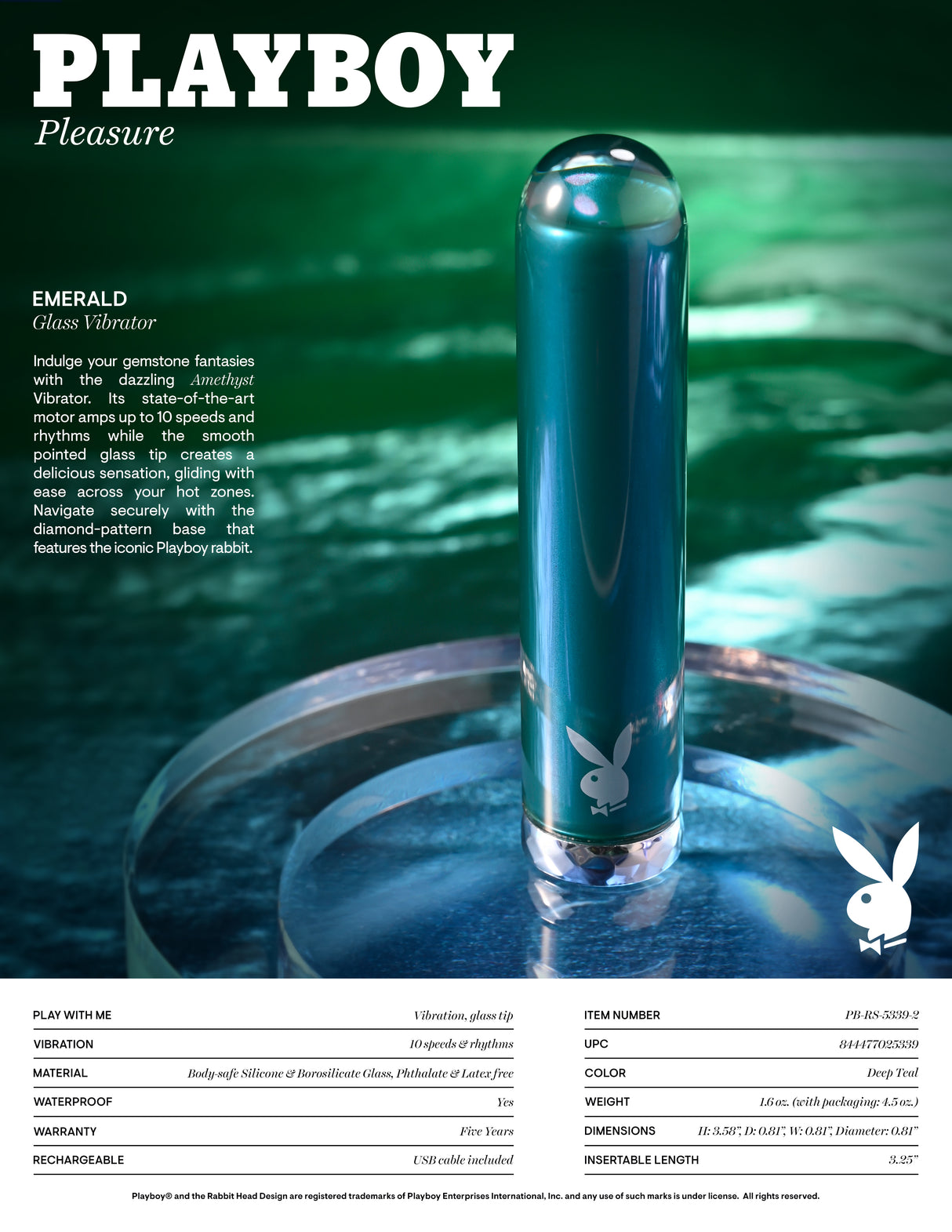 Playboy Pleasure EMERALD - USB Rechargeable Glass Tipped Bullet - Naughty by Nature Adult Store