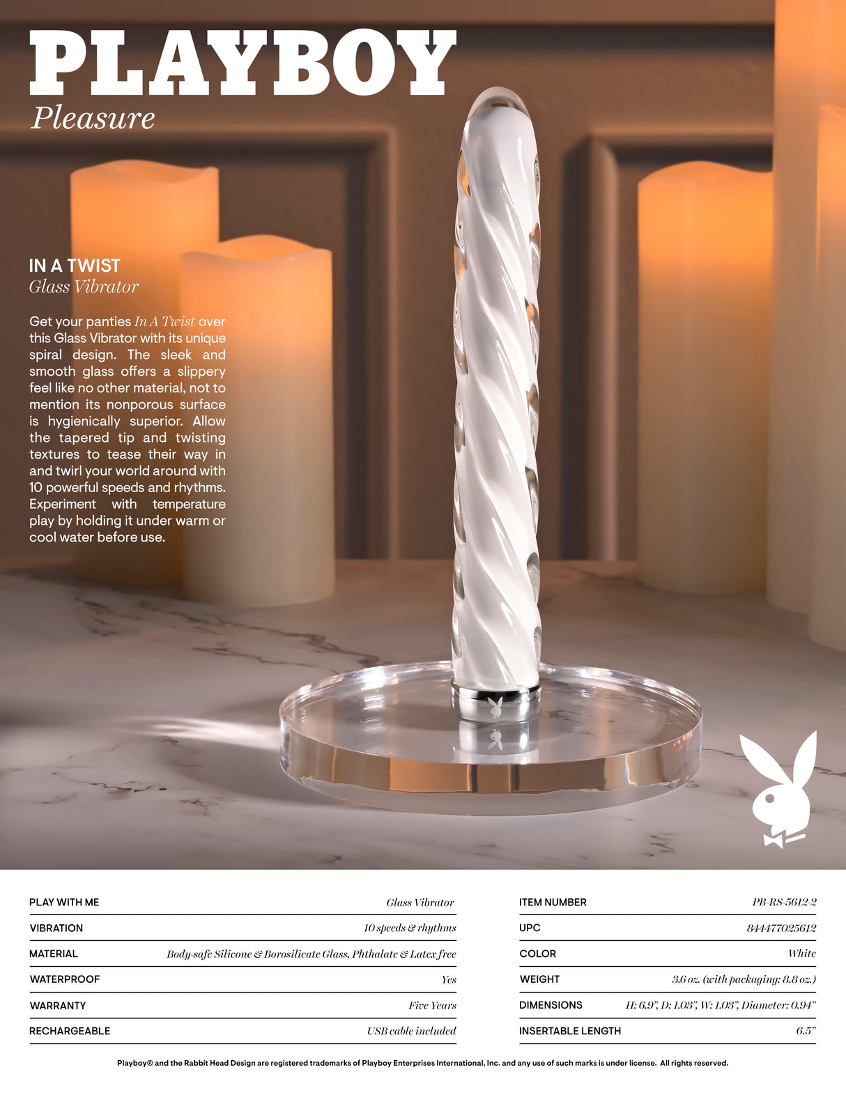 Playboy Pleasure IN A TWIST - White Glass Rechargeable Vibrator - Naughty by Nature Adult Store