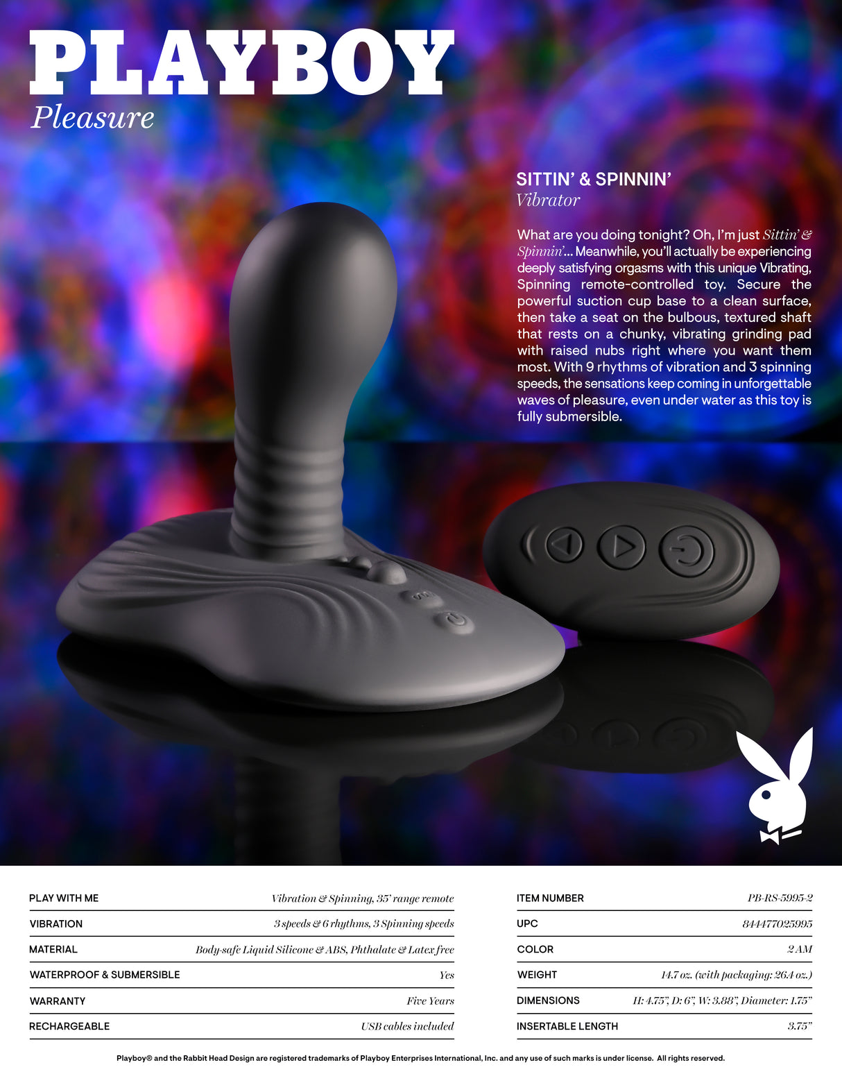 Playboy Pleasure SITTIN & SPINNIN - Spinning Vibrator & Grinder Pad & Remote