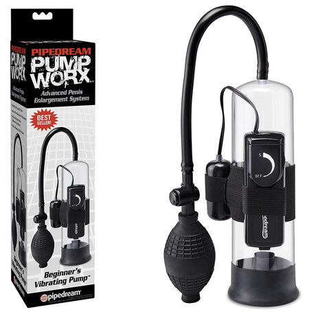 Pump Worx Beginner's Vibrating Pump - Clear/Black Vibrating Penis Pump - Naughty by Nature Adult Store