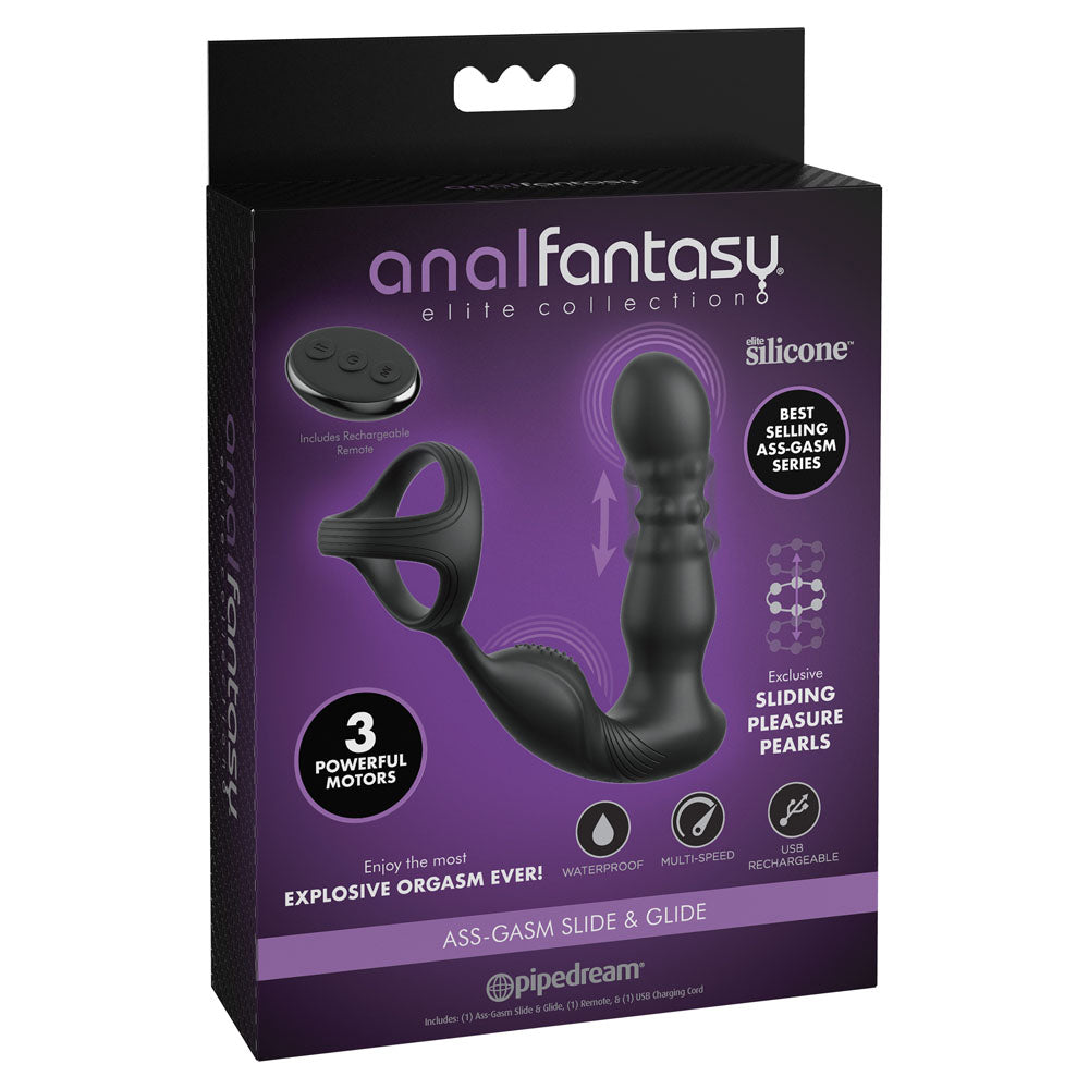 Anal Fantasy Elite Ass-Gasm Slide & Glide - Black USB Rechargeable Prostate Massage with Cock Ring - Naughty by Nature Adult Store
