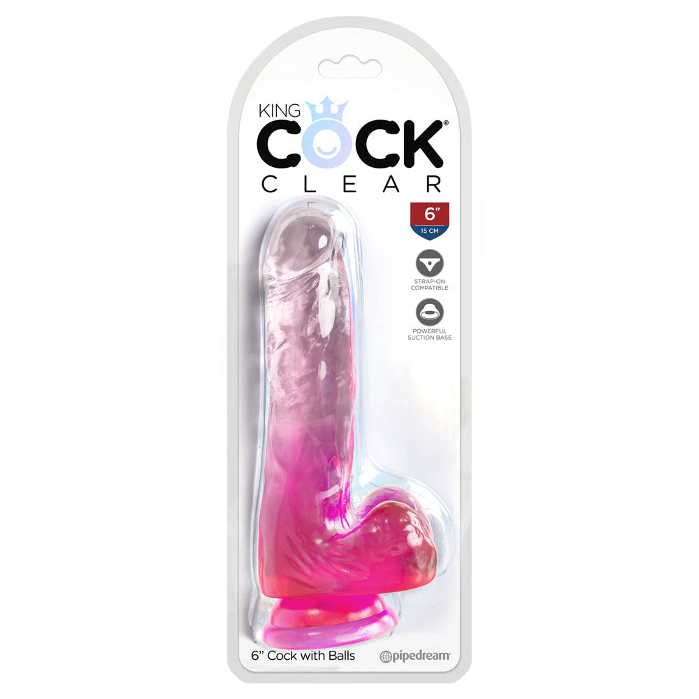King Cock Clear 6'' Cock with Balls - Pink 15.2 cm Dong - Naughty by Nature Adult Store
