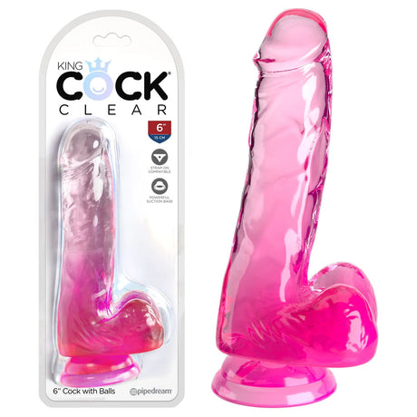 King Cock Clear 6'' Cock with Balls - Pink 15.2 cm Dong - Naughty by Nature Adult Store