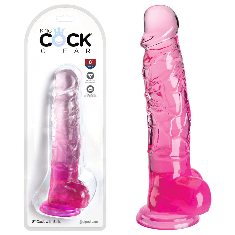 King Cock Clear 8'' Cock with Balls - Pink - Pink 20.3 cm Dong - Naughty by Nature Adult Store