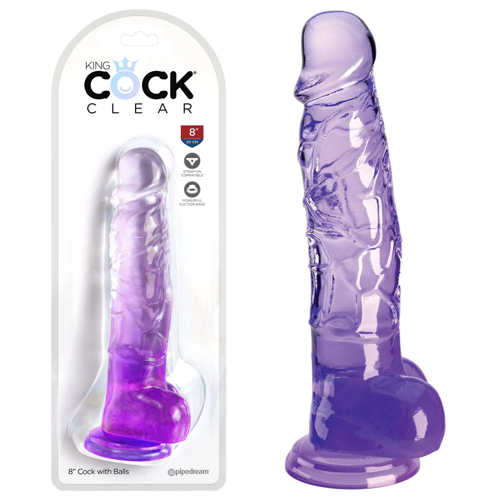 King Cock Clear 8'' Cock with Balls - Purple - Purple 20.3 cm Dong - Naughty by Nature Adult Store