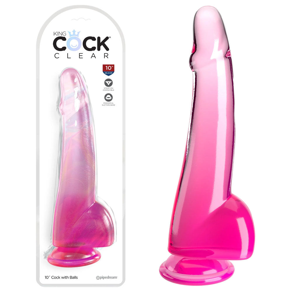 King Cock Clear 10'' Cock with Balls - Pink - Pink 25 cm Dong - Naughty by Nature Adult Store