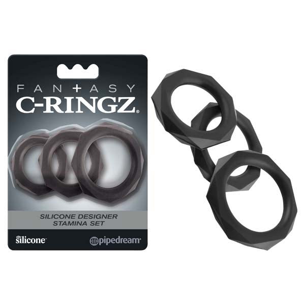 Fantasy C-Ringz Silicone Designer Stamina Set - Black Cock Rings - Set of 3 Sizes - Naughty by Nature Adult Store