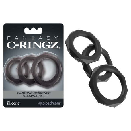 Fantasy C-Ringz Silicone Designer Stamina Set - Black Cock Rings - Set of 3 Sizes - Naughty by Nature Adult Store