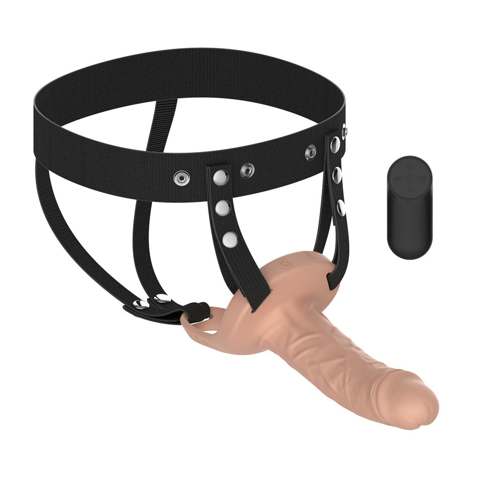 Vibrating Hollow Strap On Realistic Flesh Tone USB Rechargeable Wireless Remote