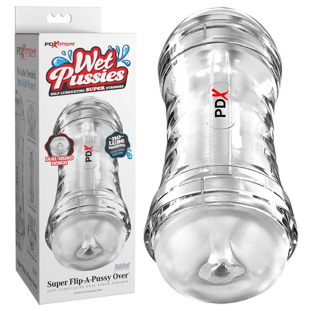 PDX Wet Pussies Super Flip Pussy Over Dual Ended Lubricating Stroker Clear