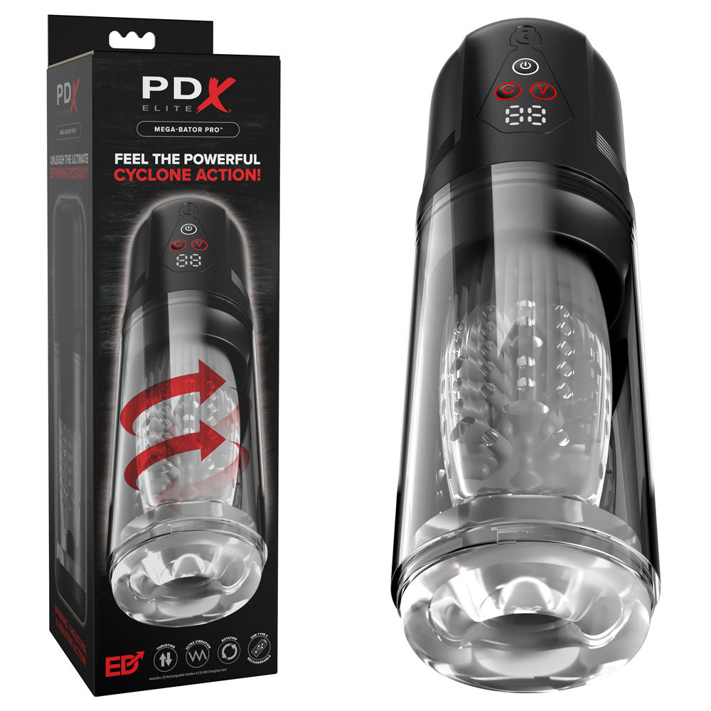 PDX Elite Mega Bator Pro Clear USB Rechargeable Vibrating Spinning Auto Stroker
