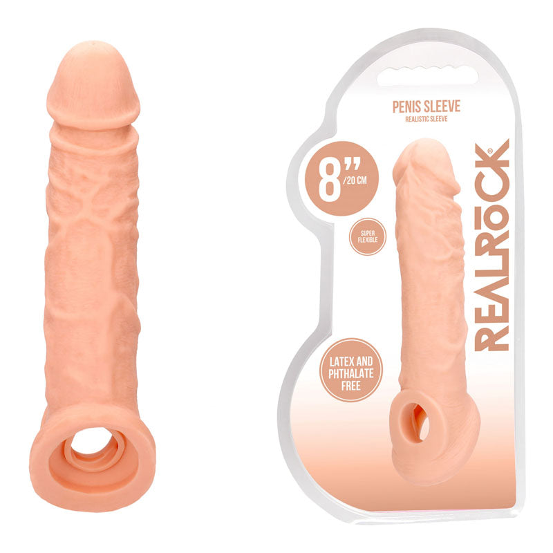 REALROCK 8'' Realistic Penis Extender with Rings - Flesh 20.3 cm Penis Extension Sleeve - Naughty by Nature Adult Store