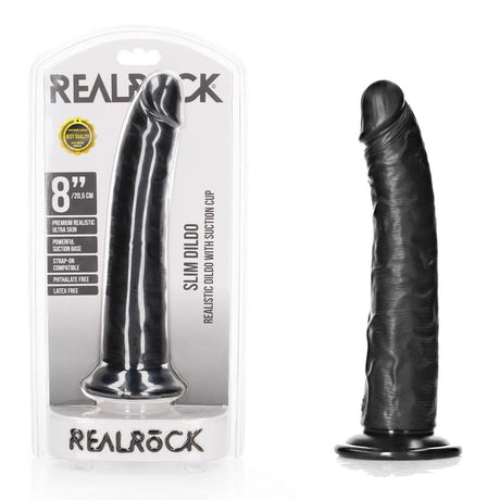 REALROCK Realistic Slim Dildo with Suction Cup - Black (8'') - Naughty by Nature Adult Store